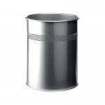 The picture shows a sleek, silver metal waste bin with a capacity of 15 litres. It is made of durable materials and is suitable for use in office settings. The bin has a modern, professional look and would fit seamlessly into any workspace.