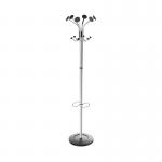 The Alba Coat Rack & Stands features a sleek chrome and black design, with a height of 1790mm and dimensions of 350x350mm. It is a sturdy and stylish addition to any room, providing a convenient space for hanging coats and jackets.
