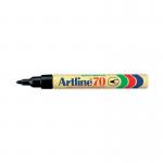 The photo features a pack of 12 Artline 70 Bullet Tip Permanent Markers in black. The markers have a sleek design with a bold bullet tip, perfect for precise and permanent writing. The vibrant black ink stands out on any surface and the markers are long-lasting for all your writing needs.
