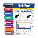 This photo shows a pack of eight Artline 2-in-1 whiteboard pens with bullet and chisel tips. The pens are assorted colors and have the brand name Artline written on them. They are specifically designed for use on whiteboards.