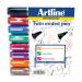 This photo shows a pack of eight Artline 2-in-1 whiteboard pens with bullet and chisel tips. The pens are assorted colors and have the brand name Artline written on them. They are specifically designed for use on whiteboards.