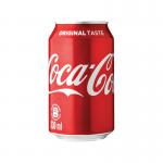 A refreshingly cold 330ml can of Coca-Cola Soft Drink, perfect for any occasion. The iconic red and white label stands out against the crisp, silver can. The icy condensation and bubbles inside beckon for a refreshing sip.