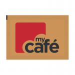The photograph shows an unbranded pack of sweetener and brown sugar sachets for MyCafe. The pack contains 1000 sachets and has a brown color scheme. The sachets are neatly stacked and the packaging appears professional and sleek.