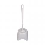 The image shows a sleek, white toilet brush and holder from VOW Washroom Systems 2Work. The brush has long, sturdy bristles and a curved handle for efficient cleaning. The holder has a slim design and a lid to discreetly hide the brush inside. Perfect for any modern bathroom.