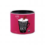 The photo features a large 1kg container of Clipper Organic Fairtrade Hot Chocolate. The packaging is bright and eye-catching, with the brand name clearly displayed. The rich, creamy hot chocolate is visible inside, tempting viewers with its deep, indulgent color. A steaming cup of the hot chocolate, alongside a few marshmallows, completes the inviting image.