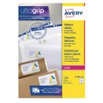 The photograph of Avery Laser Labels shows a pack of 10500 labels, each measuring 63.5x38.1mm, with a white background and the Avery Ultragrip logo. The labels are neatly stacked and packaged, ready for use in laser printers. The clean and crisp design of the labels is clearly visible, making them perfect for professional projects.