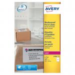 This photo features a pack of 100 Avery Address Labels in a weatherproof shipping label format. The labels are arranged in sheets of four and have a white background with blank space for writing on each label. The Avery label logo is visible in the corner of the packaging.