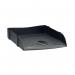This photograph shows a stack of sleek and modern black Avery Eco Letter Trays. Each tray measures W270xD360xH60mm and features the DTR design. These eco-friendly trays are both functional and stylish for organizing paperwork.
