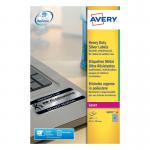The image shows multiple rectangular silver labels with 27 labels per sheet. The labels are heavy duty and designed for use with a laser printer. The pack contains 540 labels, each with smooth edges and a glossy finish. The labels are produced by Avery and feature the product name and company logo in small font at the bottom.