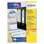 This image shows the Avery Filing Labels, specifically the Lever Arch Filing Laser Labels, measuring 200x60mm. The pack contains 400 labels. The labels have the Avery logo and product name printed on them and are neatly stacked on top of each other. The labels are white with a matte finish and have a self-adhesive backing for easy application.