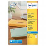 The photograph shows a pack of Avery Inkjet Address Labels, with 21 labels per sheet. The labels are clear, allowing for easy viewing of printed text or images. The pack contains 525 labels and is labeled as J8560-25 and AV17845.