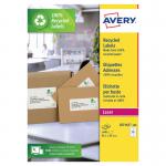 The photo displays a pack of 1400 Avery Eco Labels for laser printers. Each sheet contains 14 white labels made from recycled materials. The labels have the Avery logo and product name printed on them in small font.