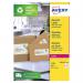 The photo displays a pack of 1400 Avery Eco Labels for laser printers. Each sheet contains 14 white labels made from recycled materials. The labels have the Avery logo and product name printed on them in small font.