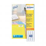 In the photo, a pack of 1000 white Avery Laser Mini Labels are shown. Each label measures 45.7x25.4mm and there are 40 labels per sheet. The design features the Avery logo in the top left corner. The labels appear to have a glossy finish and are neatly stacked in the packaging.