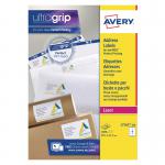 The image shows a pack of 2000 Avery laser labels in white. Each label has a dimension of 99.1x67.7mm and features Ultragrip coating for secure adhesion. The labels are designed for use with laser printers.