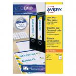 In the picture, there are 100 Avery laser and inkjet filing labels. They are white with dimensions of 200x60mm and have a lever arch design. These labels are used for organizing and labeling files.