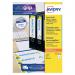 In the picture, there are 100 Avery laser and inkjet filing labels. They are white with dimensions of 200x60mm and have a lever arch design. These labels are used for organizing and labeling files.