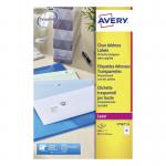 The photograph features a pack of 400 Avery Clear Laser Labels, each measuring 99x34mm. The labels are neatly organized and have a transparent finish. The packaging features the Avery logo and label information.