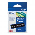 Brother P-Touch TZe Lam Tape Cassette 6mm x 8m White on Black Tape TZE315 BA68563