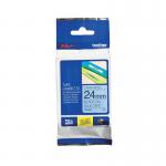 The photograph shows a set of P-Touch Brother laminated labels, specifically the Brother P-Touch TZe Lam Tape Cassette in size 24mm x 8m. The label tape is black on blue with the model number TZE551 and product code BA68653.