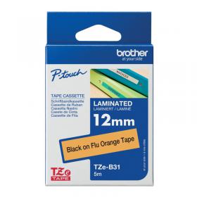 Brother P-Touch TZe Lam Tape Cassette 12mm x 8m Black on Fluorescent Orange Tape TZEB31 BA69162