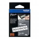 The picture shows multiple P-Touch Brother laminated labels made with black on white TZESE4 BA69223 security labeling tape. The labels are 18mm wide and 8m long, with precise and clear printing. The design is sleek and professional, perfect for labeling purposes.