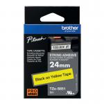 This photo shows a pack of Brother P-Touch laminated labels in the TZe Lam Tape Cassette, with a width of 24mm and a length of 8m. The labels are black on a yellow background, featuring the TZES651 and BA69270 markings.