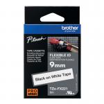A close-up photo of Brother P-Touch laminated labels on a black and white flexible ID labeling tape, measuring 9mmx8m. The labels feature the Brother logo and are part of the TZe Lam series, with model number TZEFX221 and BA69320. The labels are neatly printed and have a strong adhesive backing.