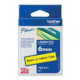 Brother P-Touch TZe Lam Tape Cassette 6mm x 8m Black on Yellow Tape TZE611 BA8070