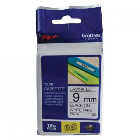 Brother P-Touch TZe Laminated Tape Cassette 9mm x 8m Black on White Tape TZE221 BA8079