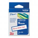 The photo shows a pack of P-Touch Brother laminated labels with a red on white tape. The label tape cassette is 9mm x 8m in size and is labeled TZE222. It is manufactured by Brother and is branded as P-Touch.