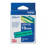 The photo shows a roll of P-Touch Brother laminated labels, with the words Brother P-Touch TZe Lam Tape Cassette printed on it. The tape is 12mm wide and 8m long, with a black font on a bright green background. It is neatly displayed in its packaging, ready to be used for labeling purposes.