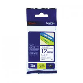 Brother P-Touch TZe Laminated Tape Cassette 12mm x 8m Blue on White Tape TZE233 BA8101