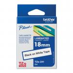 In the photograph, there are several P-Touch Brother laminated labels in different sizes and colors. One of the labels reads Brother P-Touch TZe Lam Tape Cassette while another is TZE241 BA8106. The labels are neatly arranged, with a black font against a white background, and measure 18mm in width and 8m in length. The overall appearance is sleek and professional.