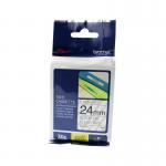 The photo shows a pack of P-Touch Brother laminated labels. The labels are made of TZE laminate tape and measure 24mm by 8m. They feature a sleek black font on a clear background, making them easy to read and perfect for labeling various items. The Brother P-Touch logo is visible on the packaging, ensuring quality and durability. Perfect for organization and personalization.
