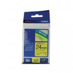 The photo shows a stack of P-Touch Brother laminated labels, with one label pulled out to reveal its black lettering on a yellow background. The package also includes a Brother P-Touch TZe lam tape cassette, 24mm wide and 8m long.