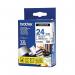 The picture shows a pack of P-Touch Brother laminated labels with a blue on white TZe laminate tape cassette measuring 24mm x 8m. The label has a professional, crisp and clear appearance with the iconic Brother P-Touch logo. Perfect for organizing and labeling items with precision and durability.