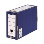 In this picture, there are 10 blue and white Fellowes Bankers Box Premium Transfer File cases neatly stacked together. Each case is labeled with the Bankers Box logo and has a secure lid closure for easy storage and transport. They are ideal for organizing and protecting important documents.