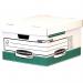 The image shows a set of 10 Bankers Box storage boxes by Fellowes, measuring W370xD255xH440mm. The boxes are made of sturdy cardboard and are designed for easy stacking and organization. Each box features a large labeling area for easy identification of contents.