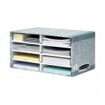 A photograph of the Bankers Box System Desktop Sorter shows five grey boxes stacked on a desk, each labeled with the brand name. The boxes feature a sorting system with multiple compartments for organizing documents.
