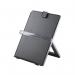 The picture shows a sleek black Fellowes document holder on a workstation. It has a sturdy base and adjustable arms to hold papers in place while typing. Perfect for keeping your workspace organized and efficient.