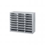 The photo shows a Fellowes postroom sorter and literature sorter, with 24 A4 compartments in a sleek grey color. The compartments are labeled and organized neatly, making it easy to sort and store literature or mail.
