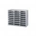 The photo shows a Fellowes postroom sorter and literature sorter, with 24 A4 compartments in a sleek grey color. The compartments are labeled and organized neatly, making it easy to sort and store literature or mail.