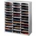 In the photo, the Fellowes Postroom Sorters Fellowes Literature Sorter A4 is shown with 36 compartments in a sleek grey color. Its compact design makes it ideal for organizing various documents and literature. The compartments are clearly labeled for easy sorting and retrieval.