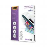This picture shows a pack of 100 Fellowes Laminating Pouches, specifically the ImageLast series in A5 size, with a total thickness of 160 microns. The pouches feature a glossy finish and are designed for high-quality lamination.