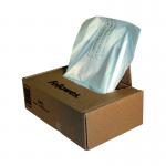 The image shows a pack of 50 Fellowes shredder bags, designed for use with shredders that have a capacity of 100-165L. These waste bags are labeled with the brand name and specific bag size, and are neatly stacked and ready for use. The bags are clear and durable, with a slight sheen to them, and feature easy-to-grip handles for convenient disposal.