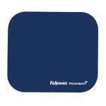 The photo features a bright blue Fellowes mouse mat and mousepad with Microban antibacterial protection, making it a practical and hygienic addition to any desk setup. The smooth surface and sturdy construction are visible in the image.