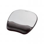 In the photo, the Fellowes Memory Foam Mouse Pad with Wrist Support is shown in black and silver color. The mouse pad is covered with a soft memory foam material, providing comfortable support for the wrist. The Fellowes logo is visible on the top left corner. The surface of the mouse pad has a smooth texture, suitable for precise mouse movements.