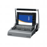 The Fellowes Galaxy 500 Manual Comb Binding Machine features sleek silver and black design with a clear and easy-to-use control panel. Its adjustable pins and comb selector allow for precise and professional binding of documents.