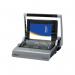 The Fellowes Galaxy 500 Manual Comb Binding Machine features sleek silver and black design with a clear and easy-to-use control panel. Its adjustable pins and comb selector allow for precise and professional binding of documents.